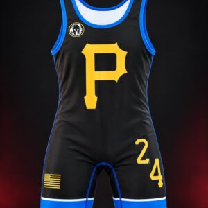 black blue wrestling singlet with gold details