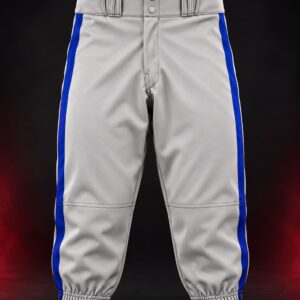 grey baseball knickers with blue stripes