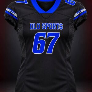 Black American football jersey with royal blue V-neck, blue and silver sleeve stripes, OLO Sports lettering and number 67, front view