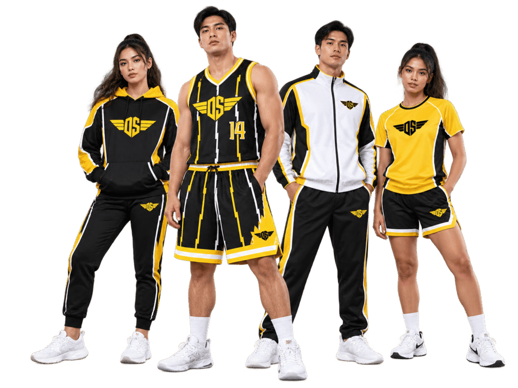Four models wearing OLO SPORTS basketball uniform, hoodie, zip-up jacket and T-shirt in black, yellow and white