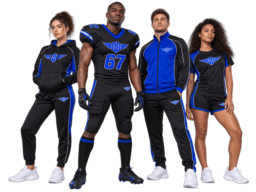 Four models wearing black and royal-blue OLO SPORTS American football uniform, hoodie, zip-up jacket and training T-shirt