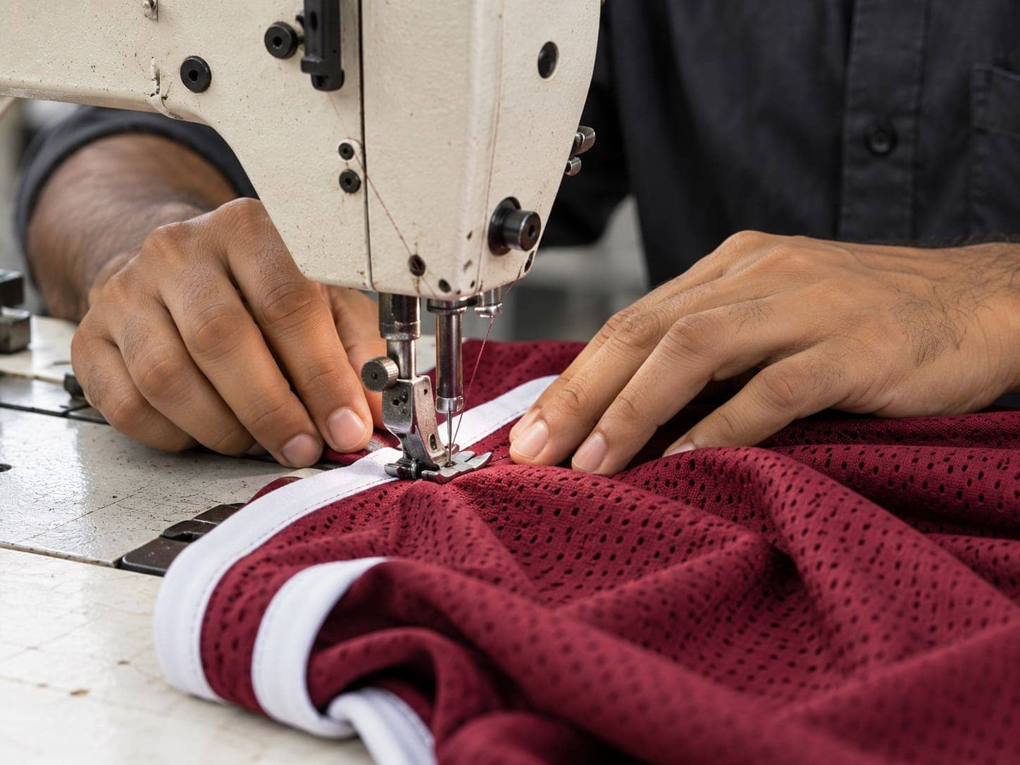 AI-generated close-up of stitching on burgundy mesh sportswear with white trim